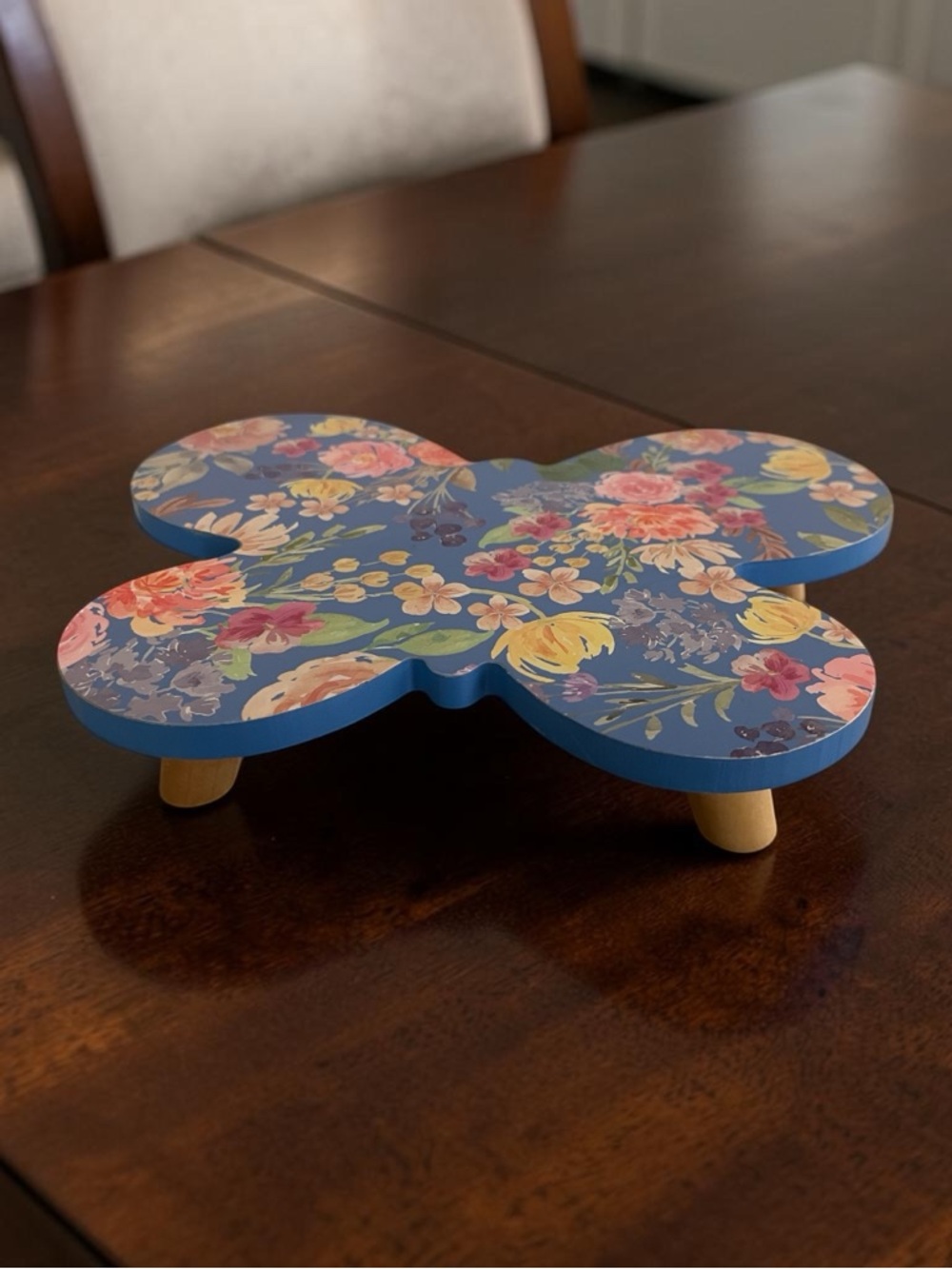 Blue Floral Wooden Butterfly Trivet/Stand